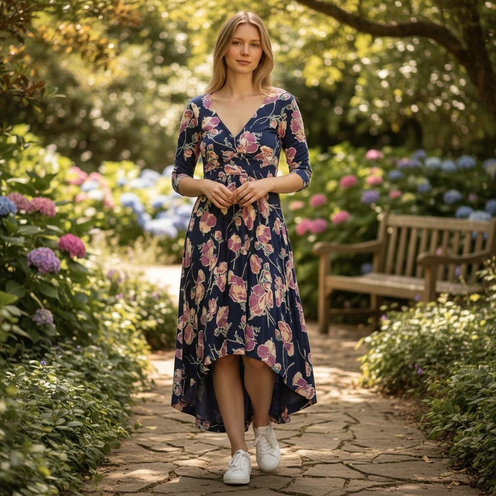 Maeve by Anthropologie Womens SP Navy Floral Heppel Ruched High Low Dress